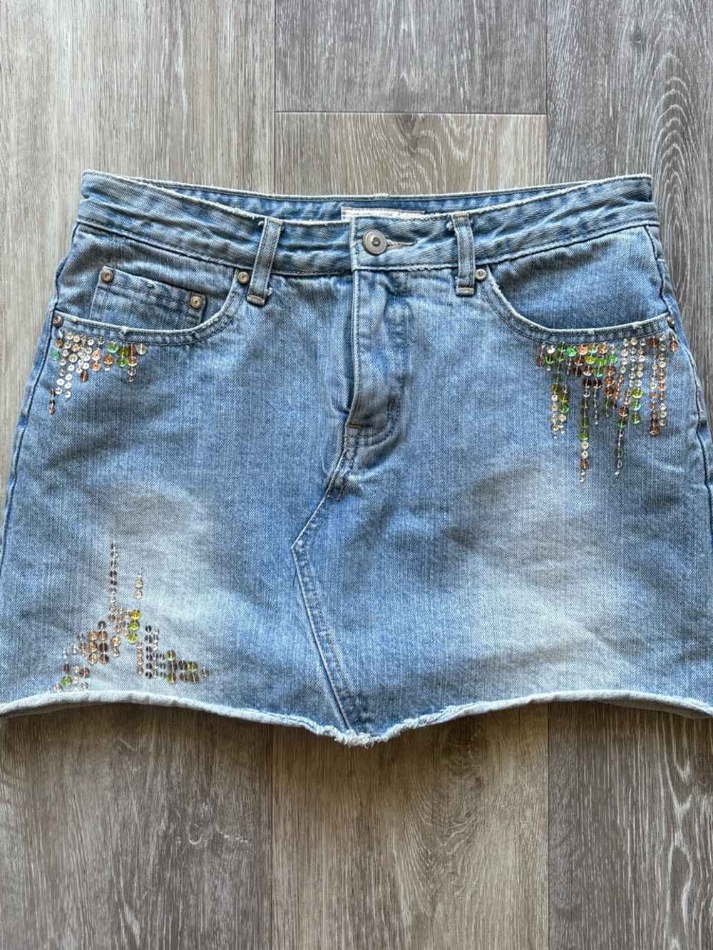 Y2K Xhilaration Light Wash Denim Sequin Fairy Boho Festival Jean Skort Size XL